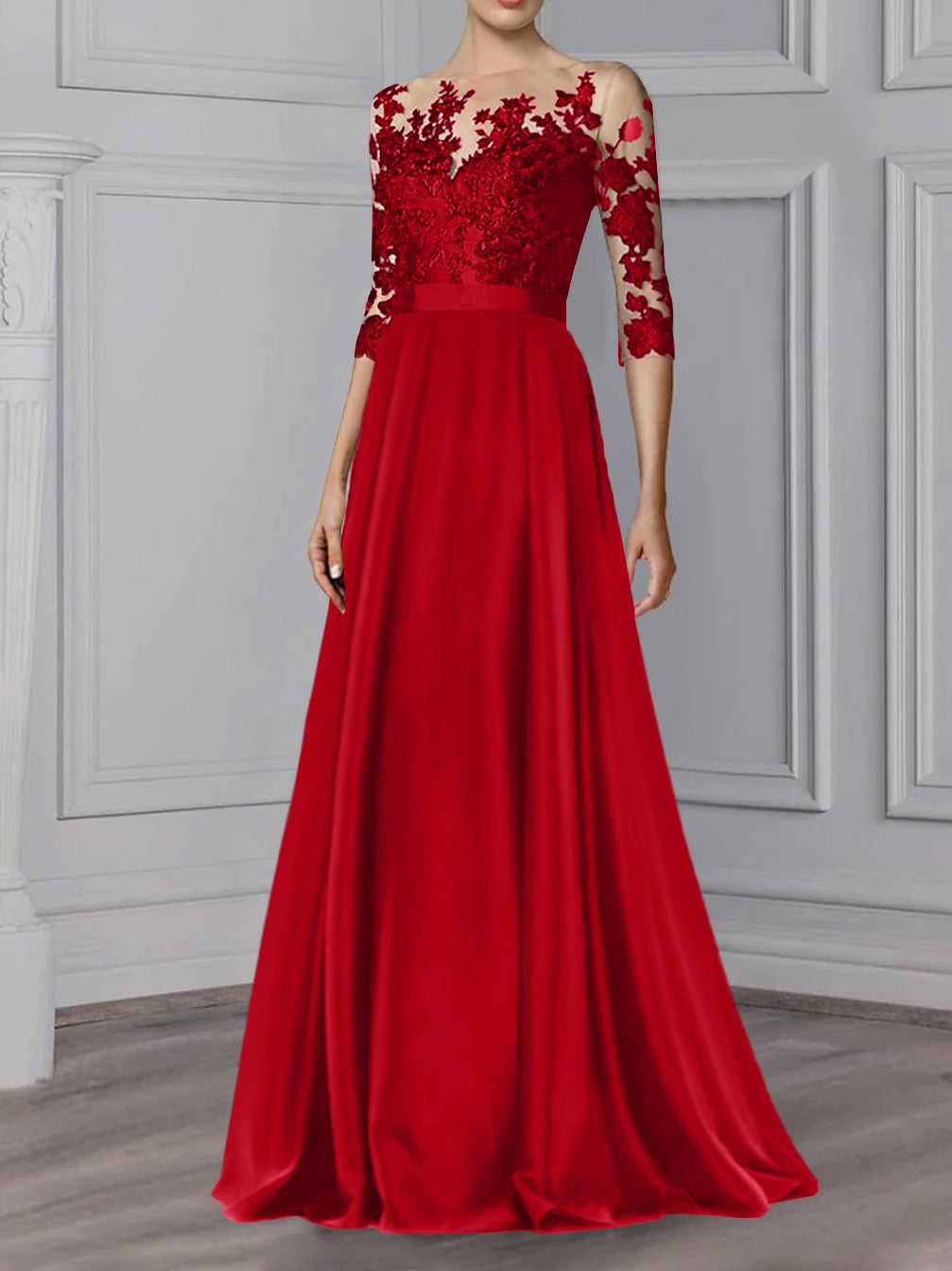 Long Mother of the Bride A Line Dress with Jewel Neck and 3/4 Sleeves
