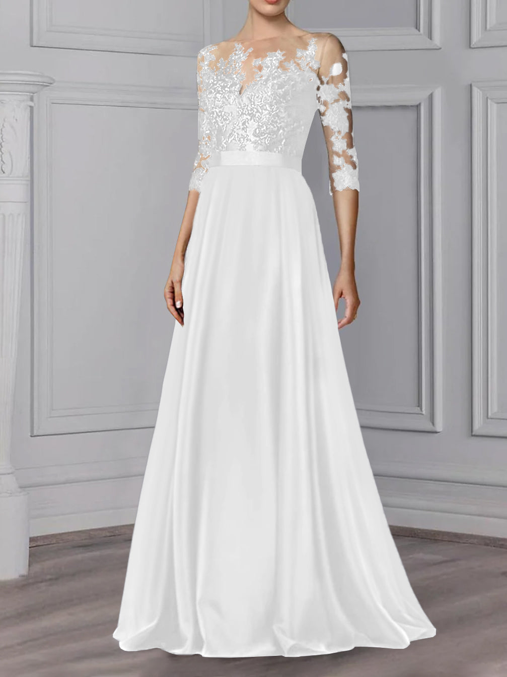Long Mother of the Bride A Line Dress with Jewel Neck and 3/4 Sleeves