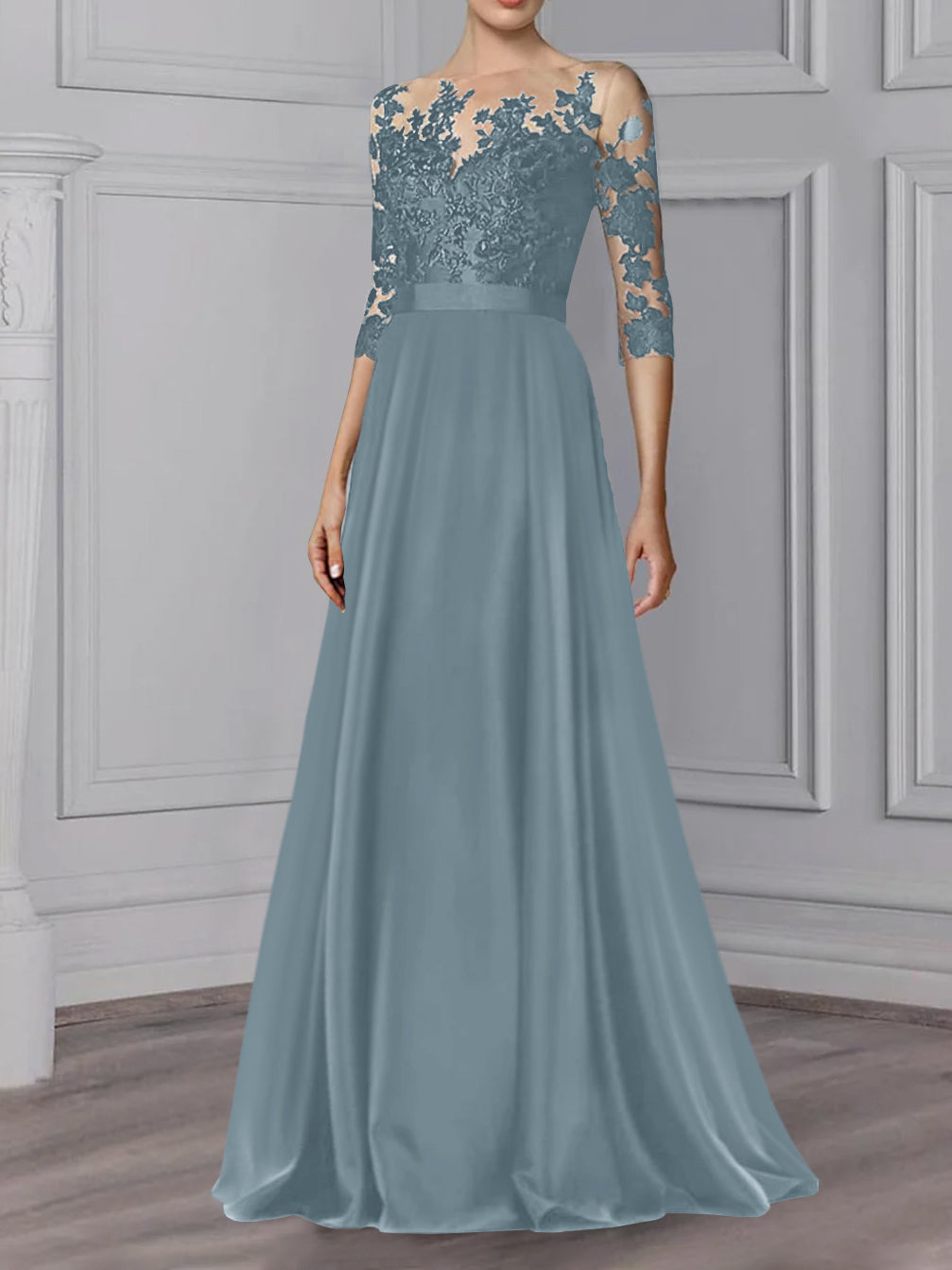Long Mother of the Bride A Line Dress with Jewel Neck and 3/4 Sleeves