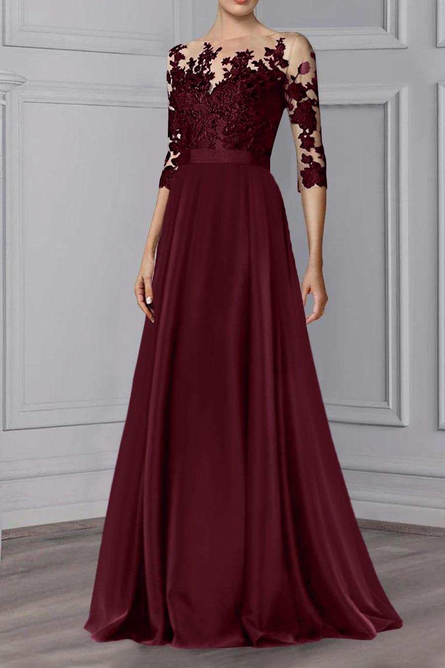 Long Mother of the Bride A Line Dress with Jewel Neck and 3/4 Sleeves