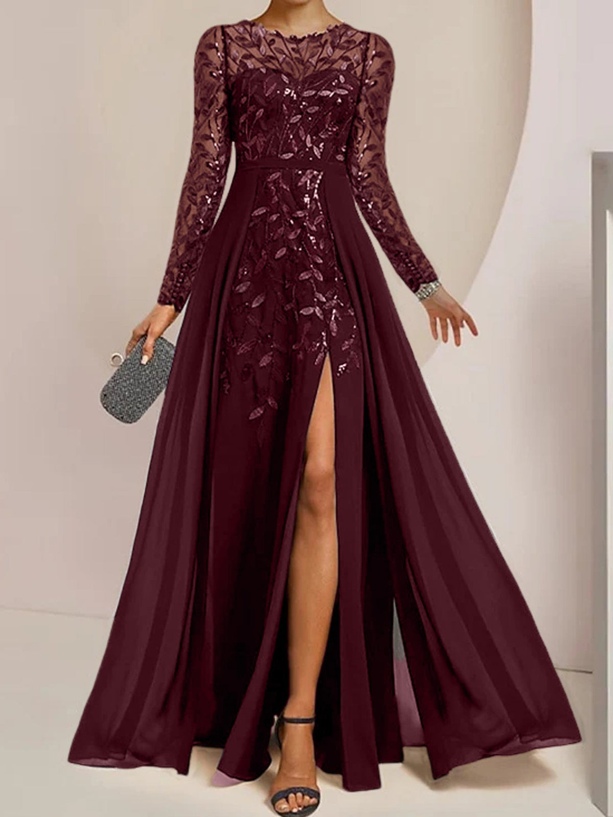 Long Mother of the Bride A Line Dress with Scoop Neck Long Sleeves Side Split Ruffles and Sequins