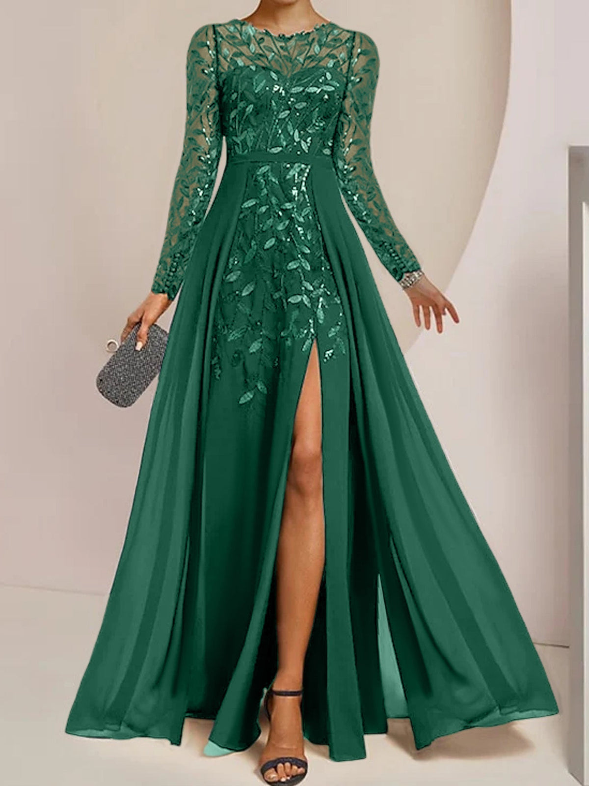 Long Mother of the Bride A Line Dress with Scoop Neck Long Sleeves Side Split Ruffles and Sequins