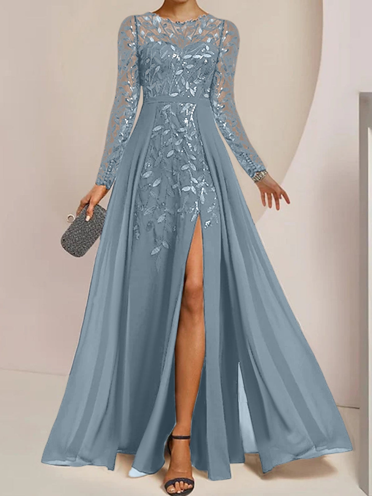 Long Mother of the Bride A Line Dress with Scoop Neck Long Sleeves Side Split Ruffles and Sequins