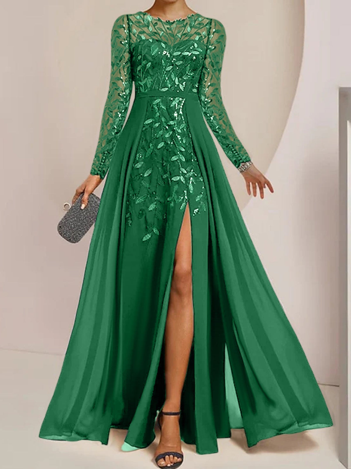 Long Mother of the Bride A Line Dress with Scoop Neck Long Sleeves Side Split Ruffles and Sequins