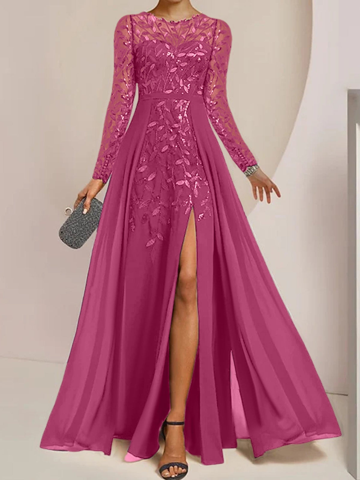 Long Mother of the Bride A Line Dress with Scoop Neck Long Sleeves Side Split Ruffles and Sequins