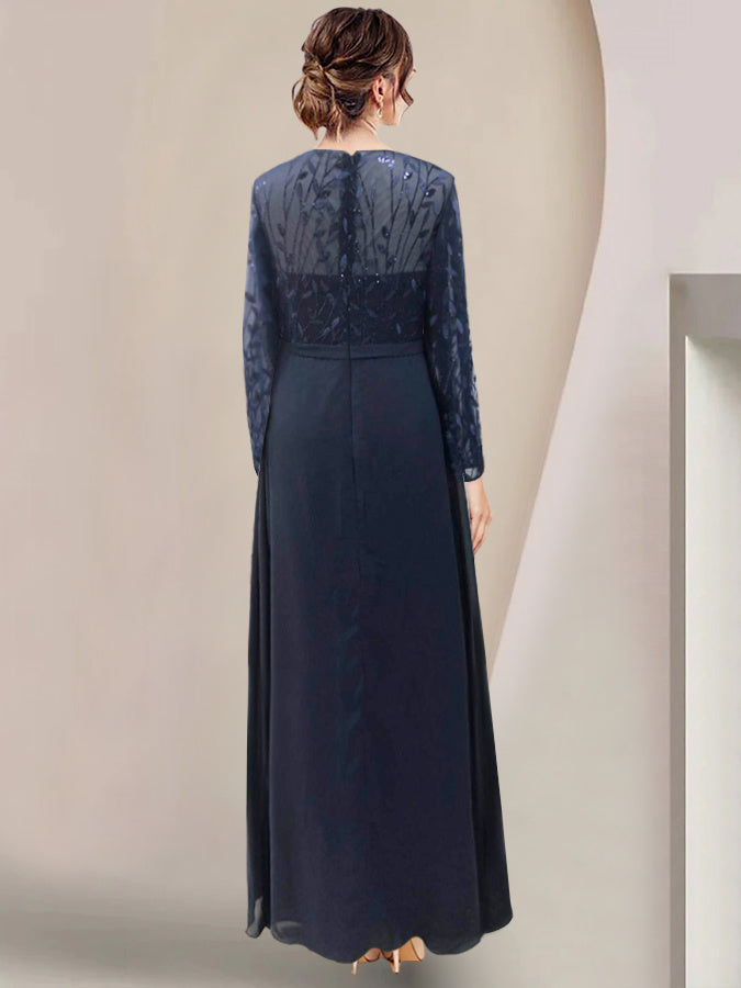 Long Mother of the Bride A Line Dress with Scoop Neck Long Sleeves Side Split Ruffles and Sequins