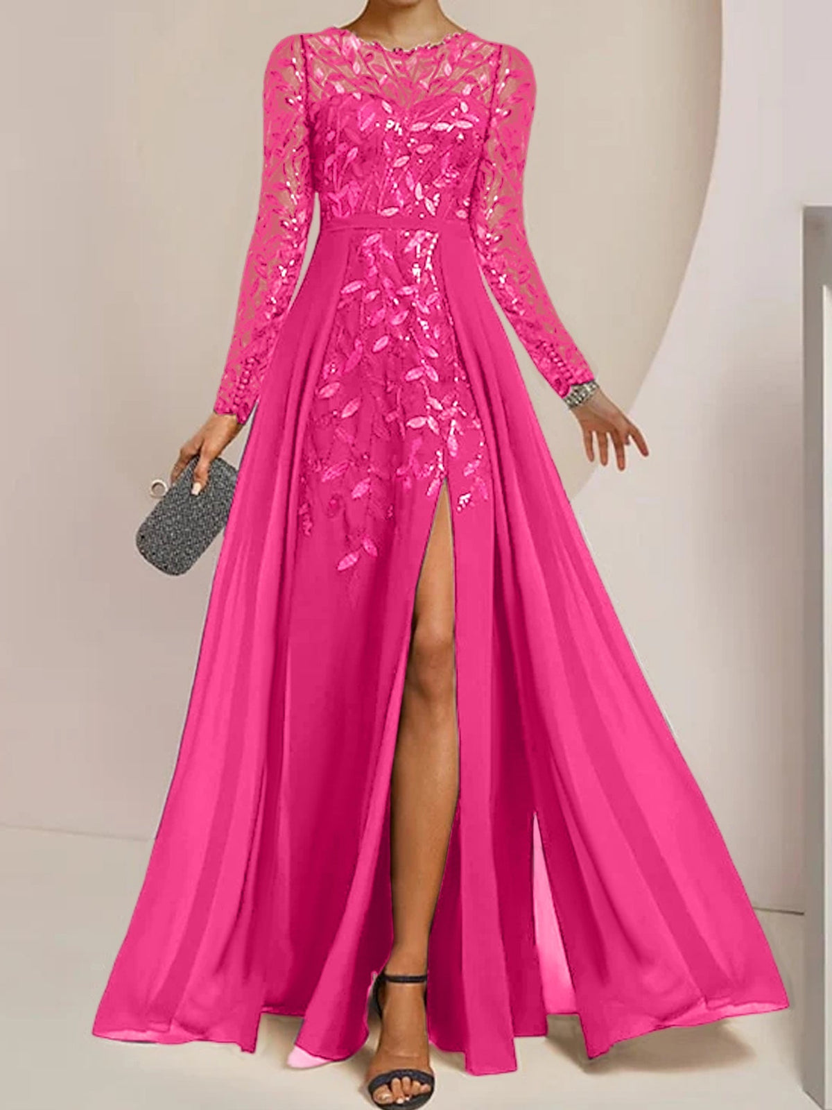 Long Mother of the Bride A Line Dress with Scoop Neck Long Sleeves Side Split Ruffles and Sequins