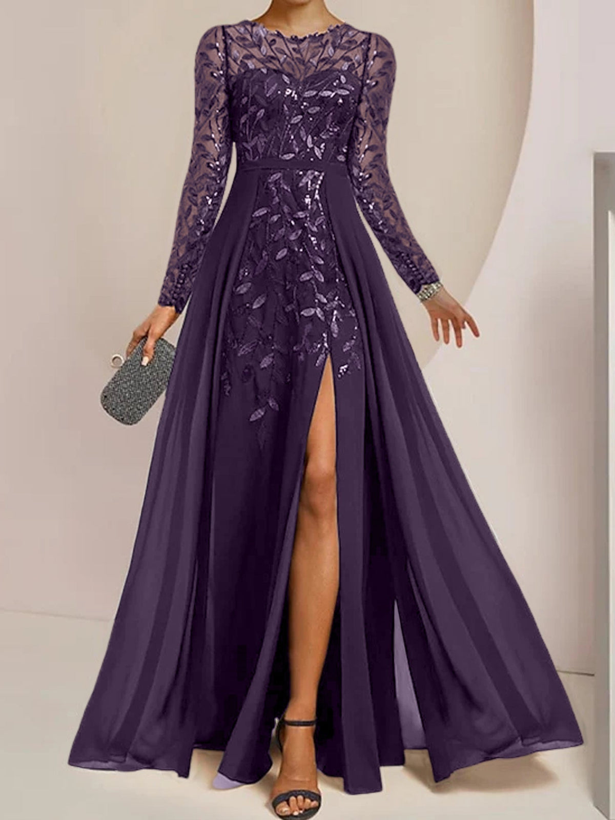 Long Mother of the Bride A Line Dress with Scoop Neck Long Sleeves Side Split Ruffles and Sequins