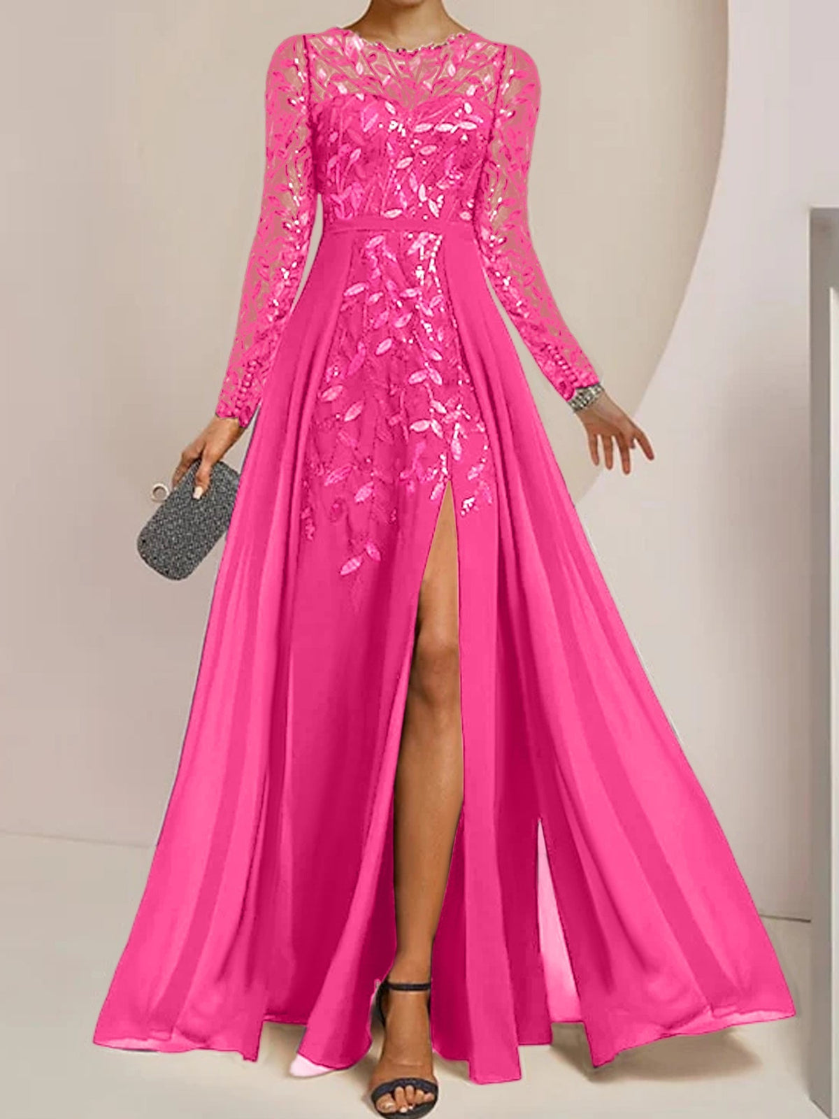 Long Mother of the Bride A Line Dress with Scoop Neck Long Sleeves Side Split Ruffles and Sequins