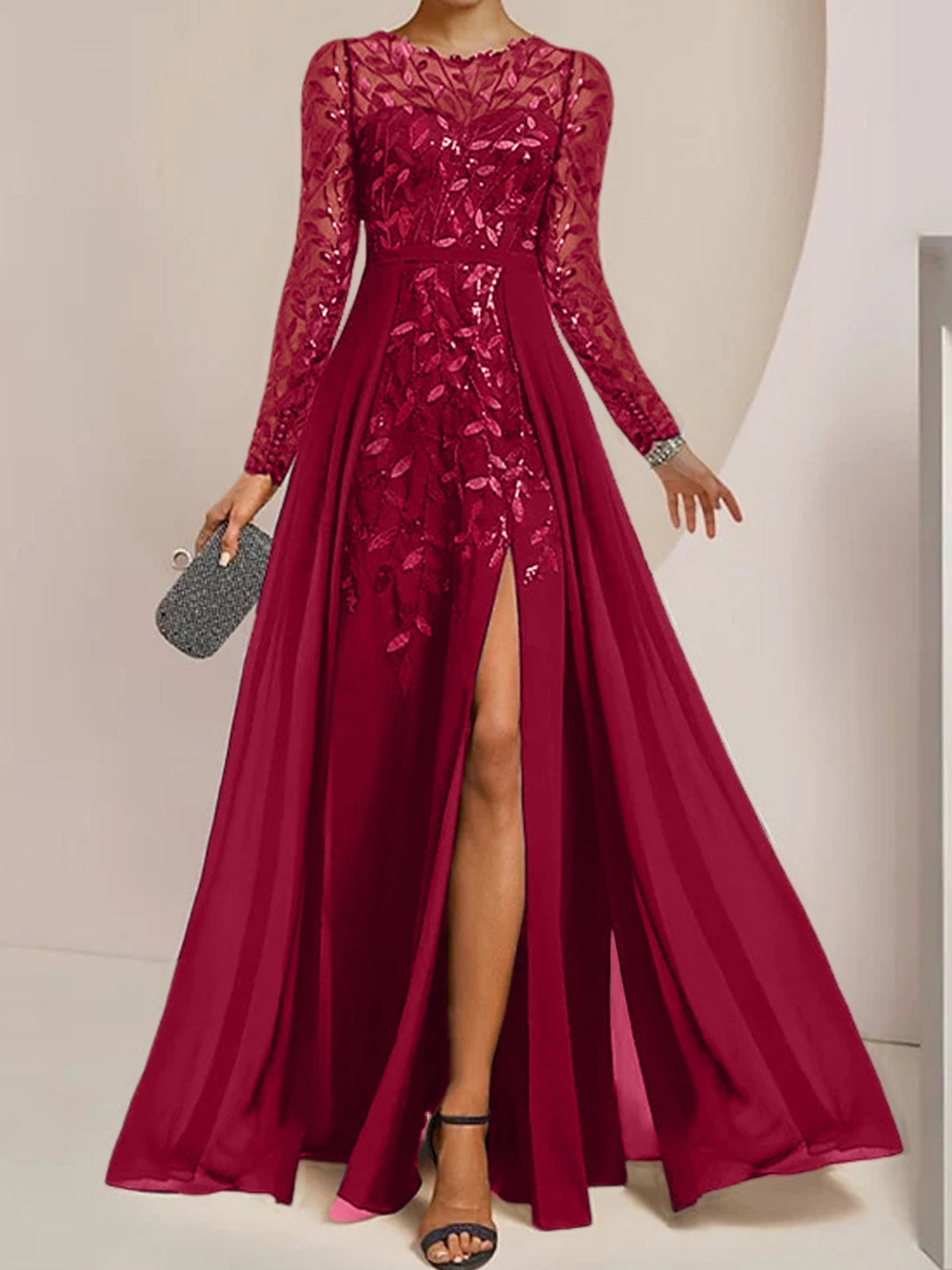Long Mother of the Bride A Line Dress with Scoop Neck Long Sleeves Side Split Ruffles and Sequins