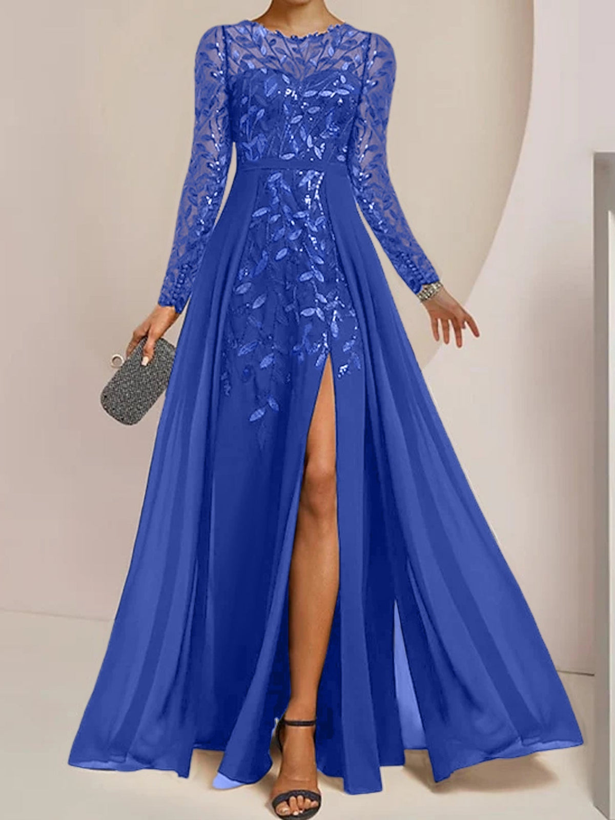 Long Mother of the Bride A Line Dress with Scoop Neck Long Sleeves Side Split Ruffles and Sequins