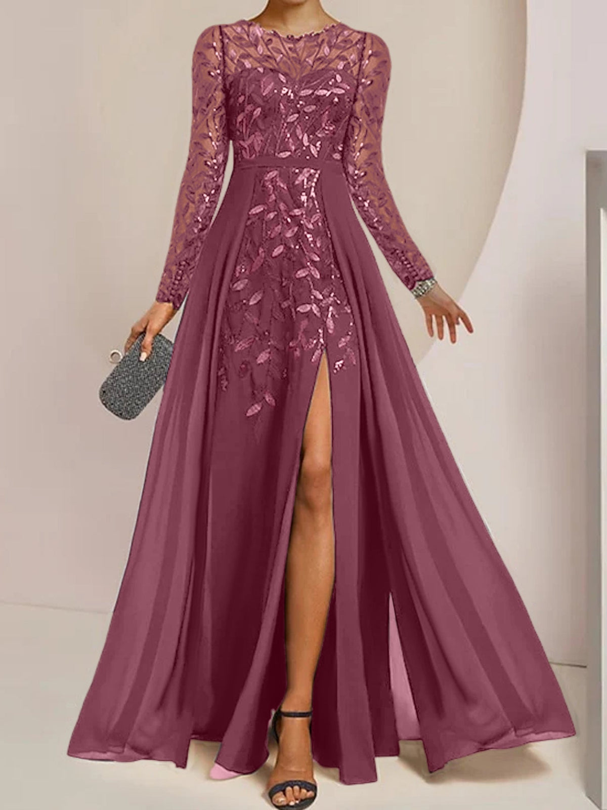 Long Mother of the Bride A Line Dress with Scoop Neck Long Sleeves Side Split Ruffles and Sequins