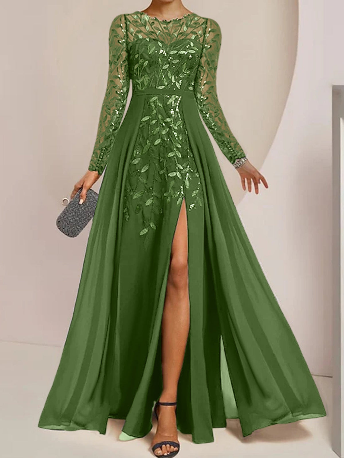Long Mother of the Bride A Line Dress with Scoop Neck Long Sleeves Side Split Ruffles and Sequins