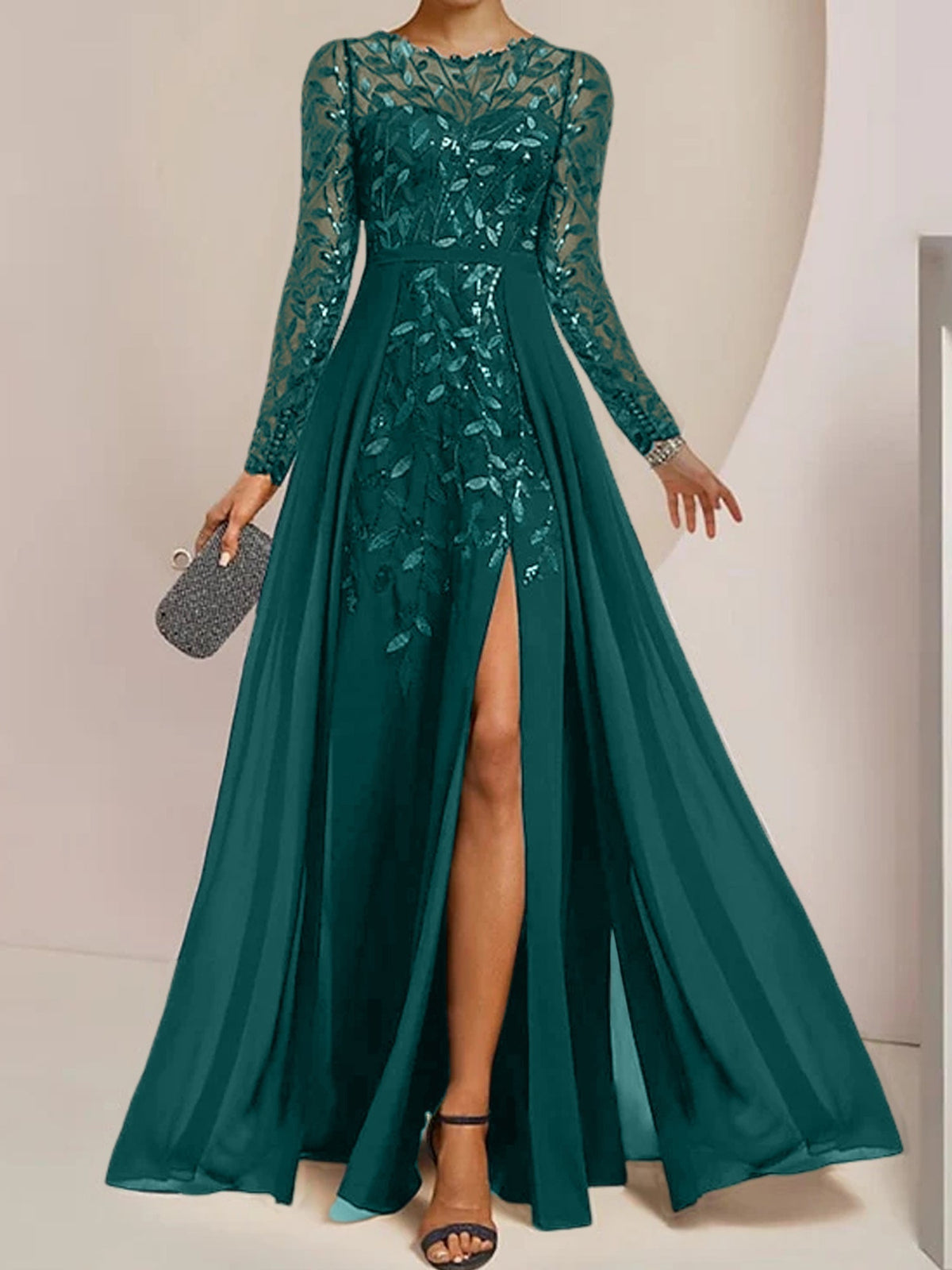 Long Mother of the Bride A Line Dress with Scoop Neck Long Sleeves Side Split Ruffles and Sequins