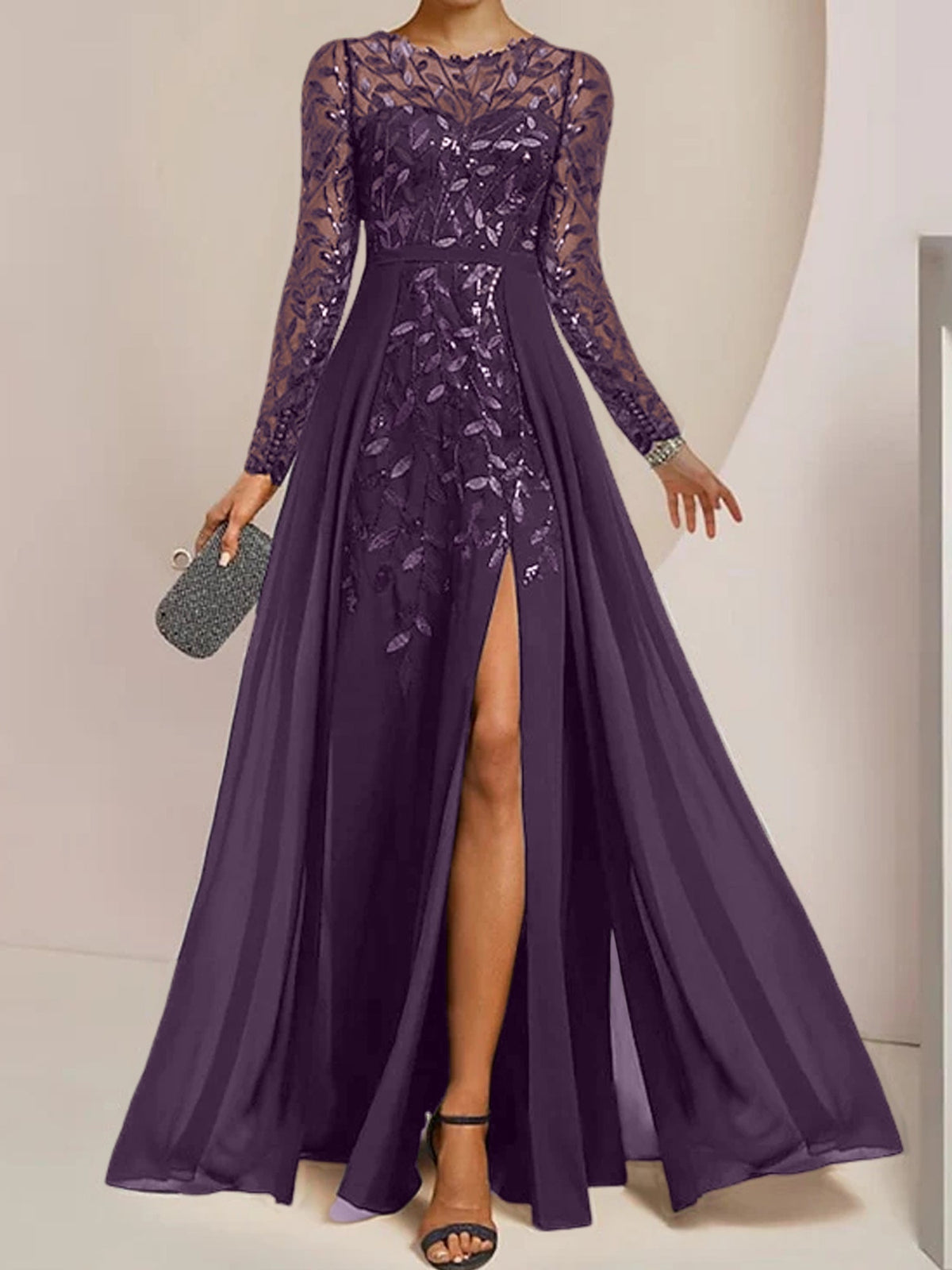 Long Mother of the Bride A Line Dress with Scoop Neck Long Sleeves Side Split Ruffles and Sequins