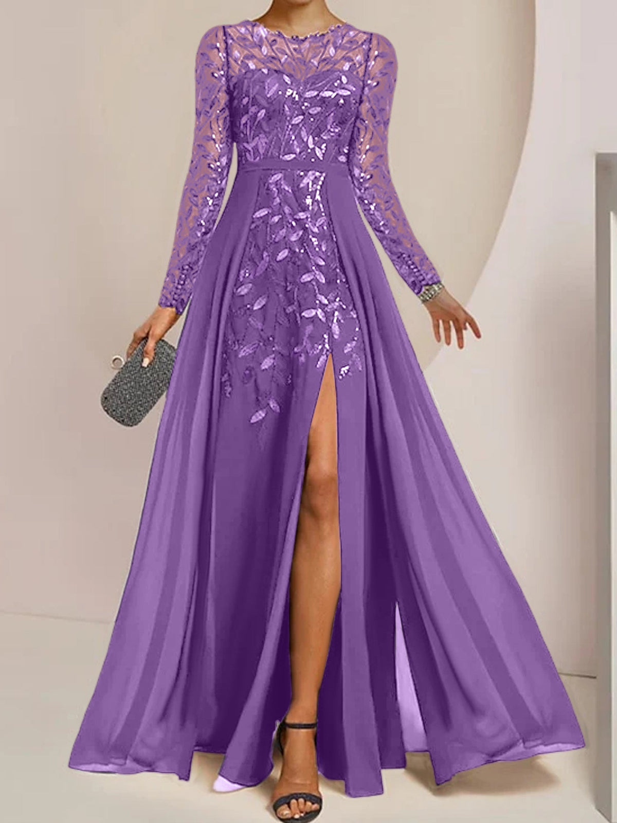Long Mother of the Bride A Line Dress with Scoop Neck Long Sleeves Side Split Ruffles and Sequins