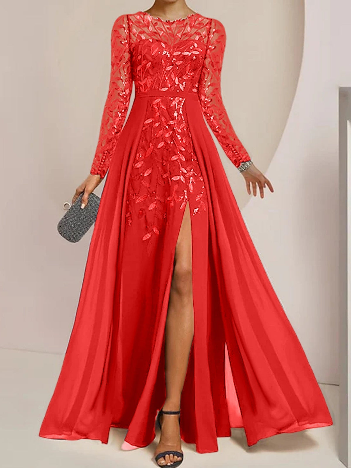 Long Mother of the Bride A Line Dress with Scoop Neck Long Sleeves Side Split Ruffles and Sequins