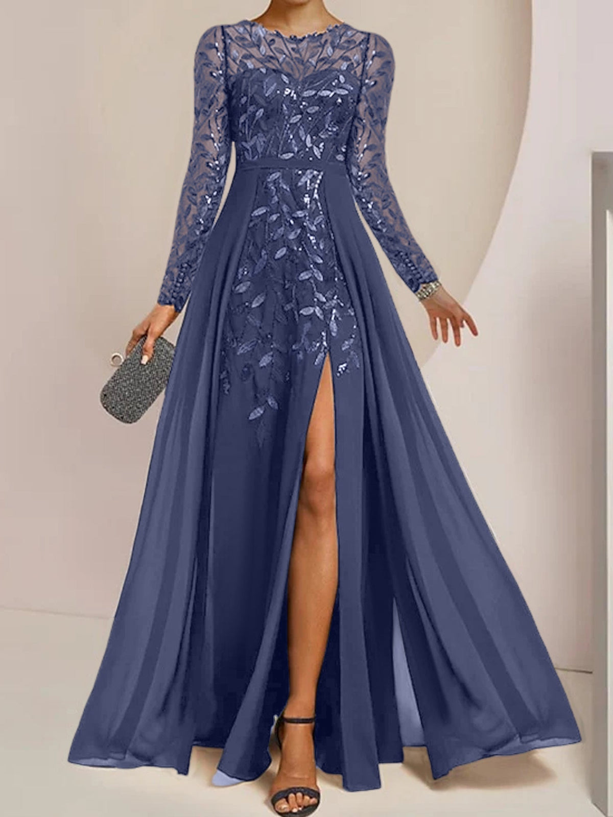 Long Mother of the Bride A Line Dress with Scoop Neck Long Sleeves Side Split Ruffles and Sequins