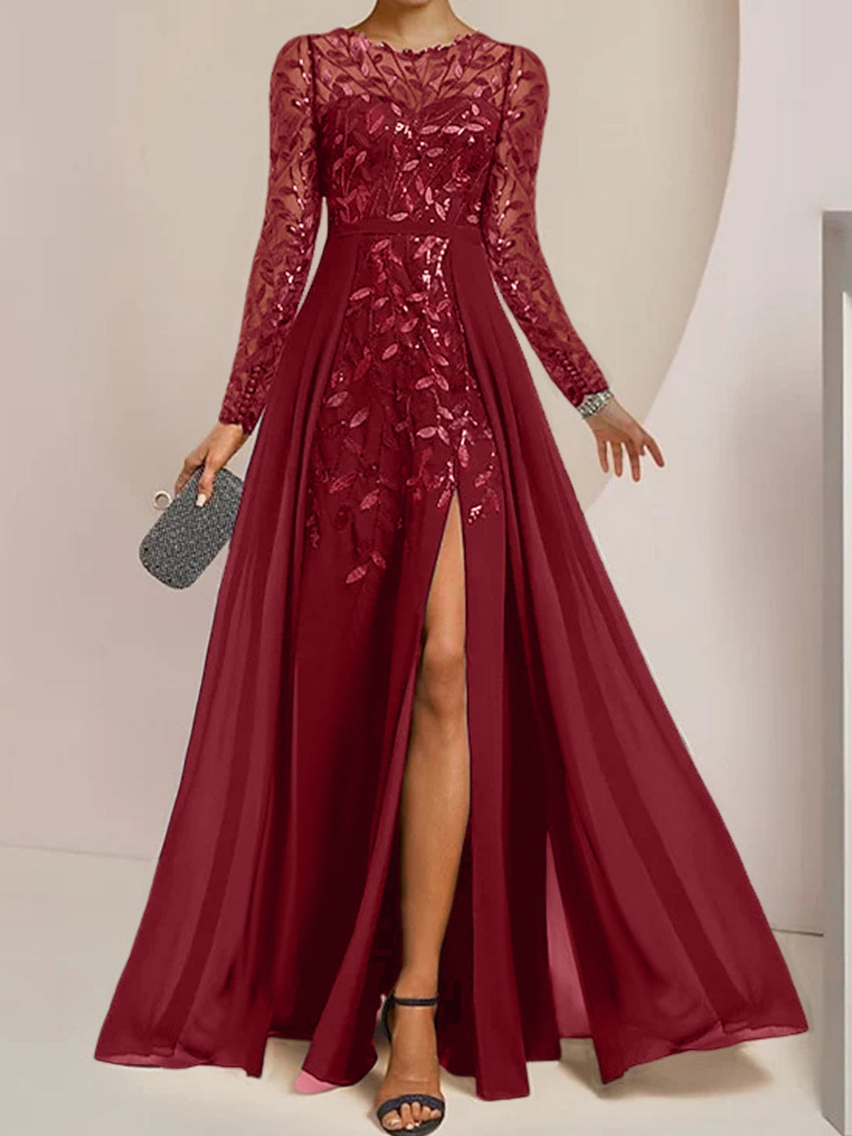 Long Mother of the Bride A Line Dress with Scoop Neck Long Sleeves Side Split Ruffles and Sequins