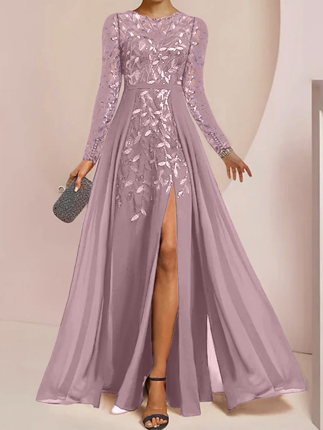 Long Mother of the Bride A Line Dress with Scoop Neck Long Sleeves Side Split Ruffles and Sequins