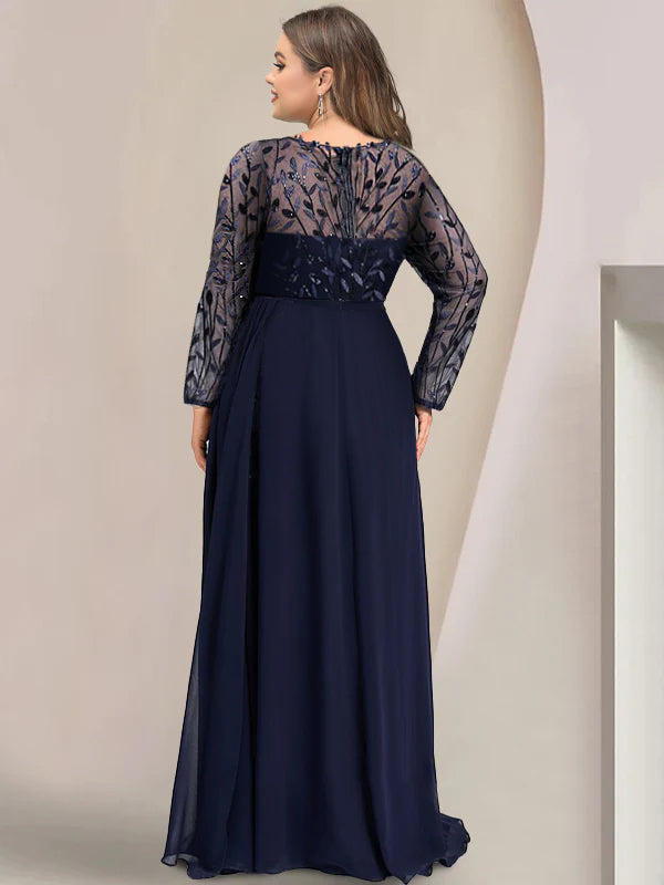 Long Mother of the Bride A Line Dress with Scoop Neck Long Sleeves Side Split Ruffles and Sequins