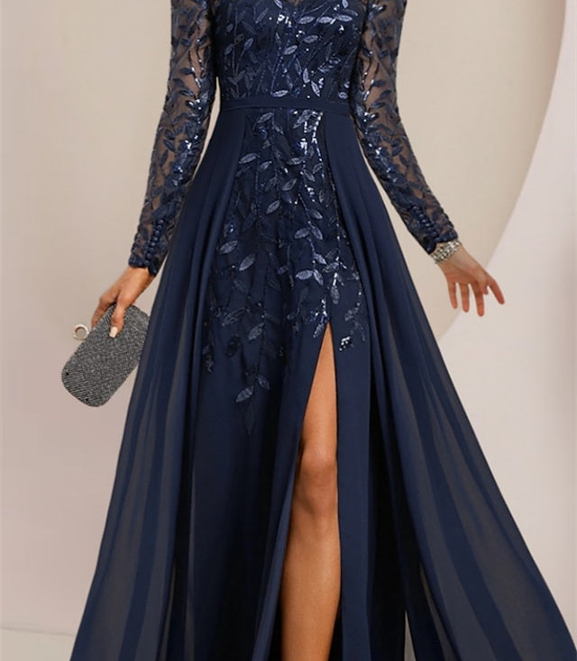 Long Mother of the Bride A Line Dress with Scoop Neck Long Sleeves Side Split Ruffles and Sequins