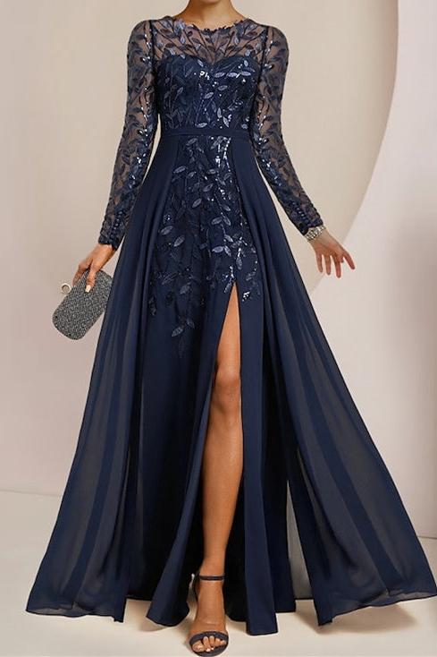 Long Mother of the Bride A Line Dress with Scoop Neck Long Sleeves Side Split Ruffles and Sequins