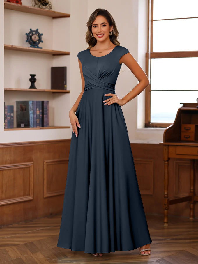 Long Mother of the Bride A Line Dress with Scoop Neck and Ruffled Short Sleeves