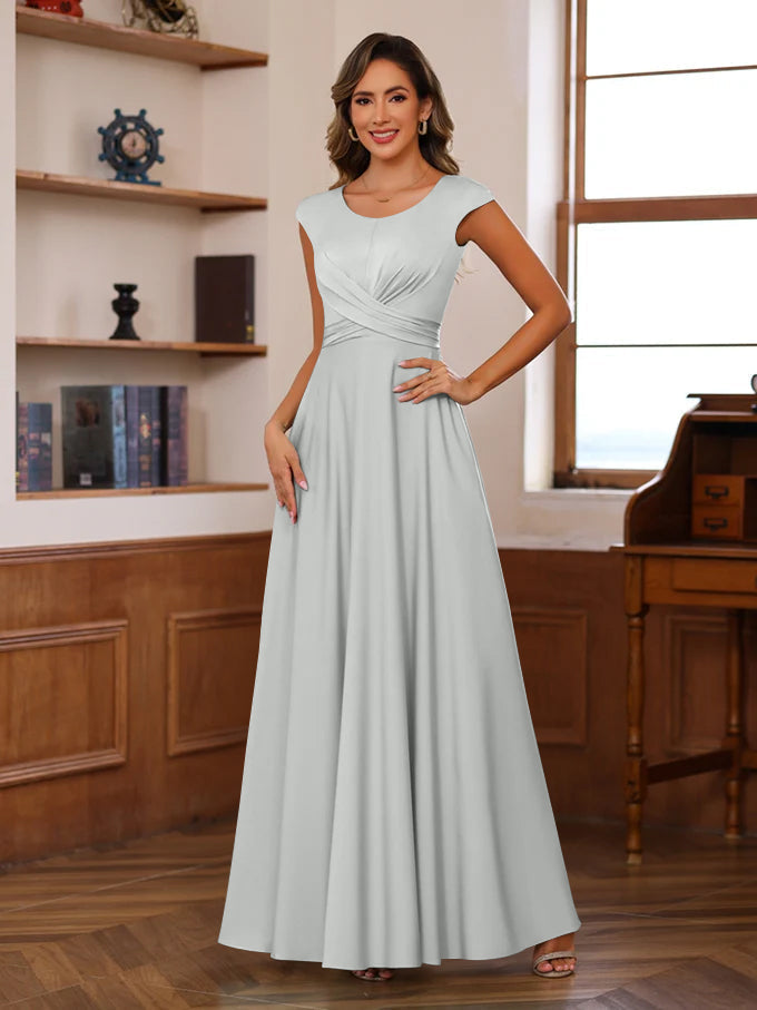 Long Mother of the Bride A Line Dress with Scoop Neck and Ruffled Short Sleeves