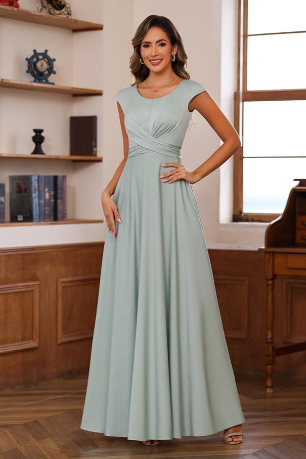 Long Mother of the Bride A Line Dress with Scoop Neck and Ruffled Short Sleeves