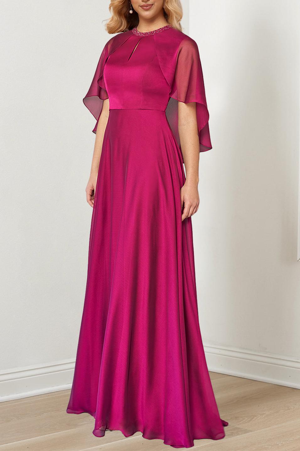 Long Mother of the Bride A Line Dress with Hand Beaded Jewel Neckline
