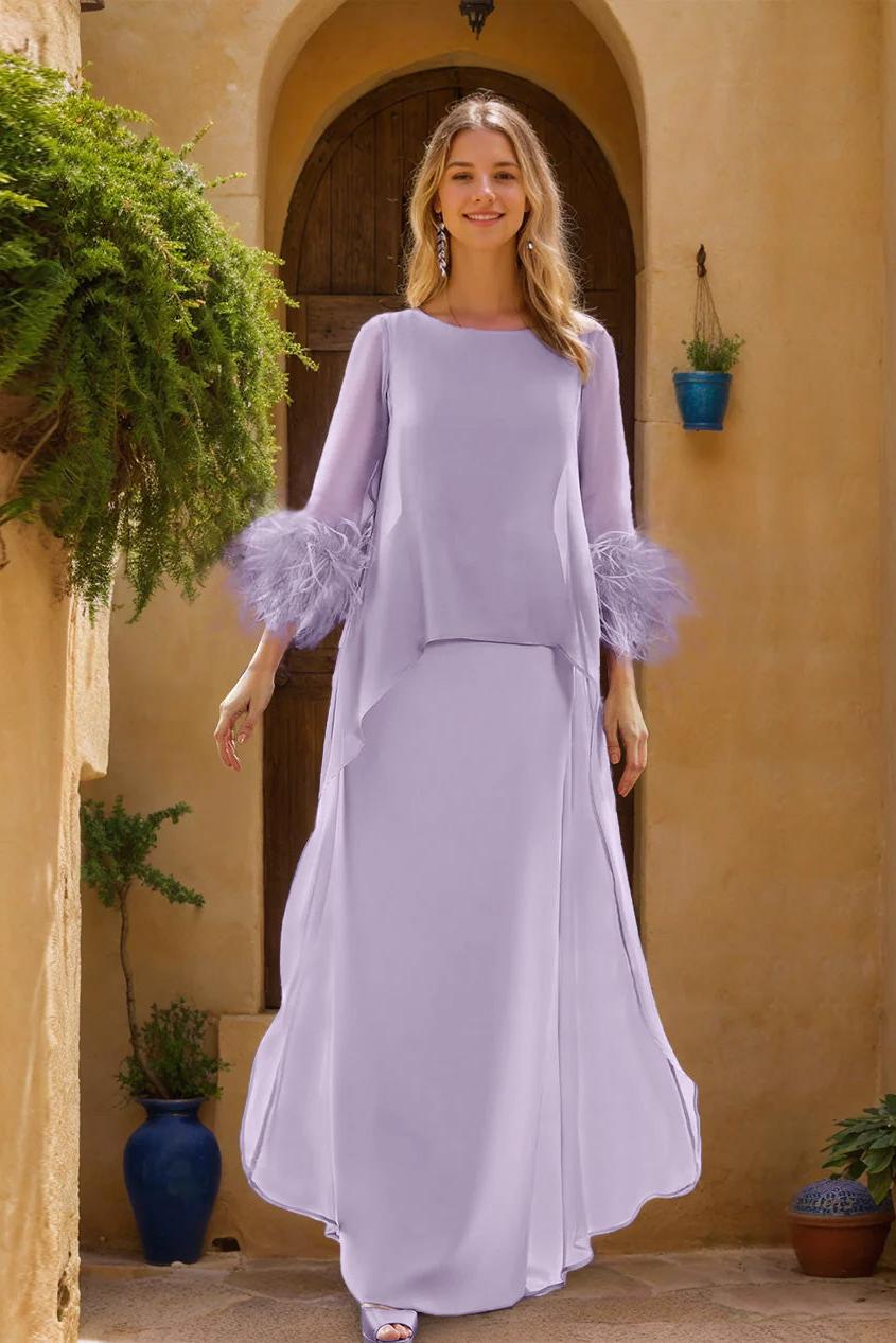 Long Mother of the Bride Dress with Cape Feathers and Jewel Neckline