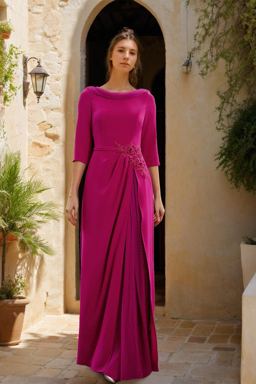 Long Mother of the Bride Dress with Cowl Neck 3/4 Sleeves Tulle Sash Slit & Jewel Appliques