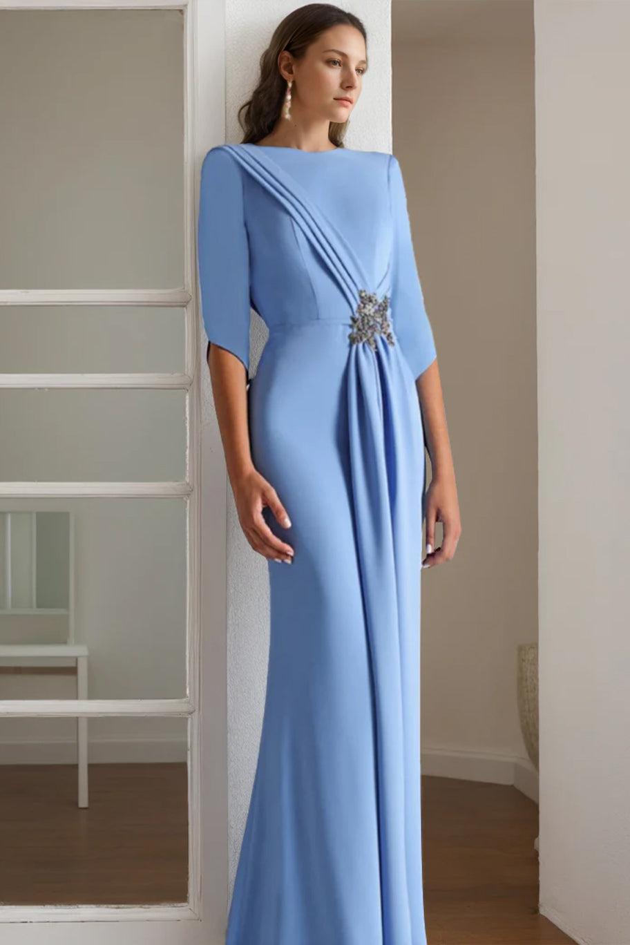 Long Mother of the Bride & Groom Dress with Rhinestone Sheath Column Scoop and 1 2 Length Sleeves