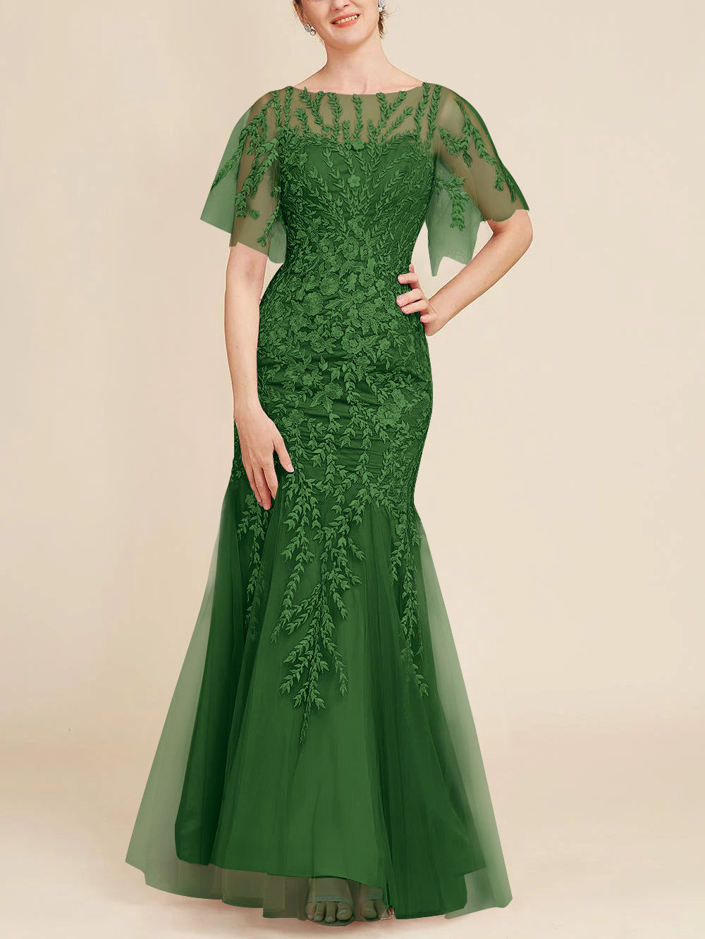 Long Mother of the Bride Lace Dress with Trumpet Mermaid Scoop Half Sleeves