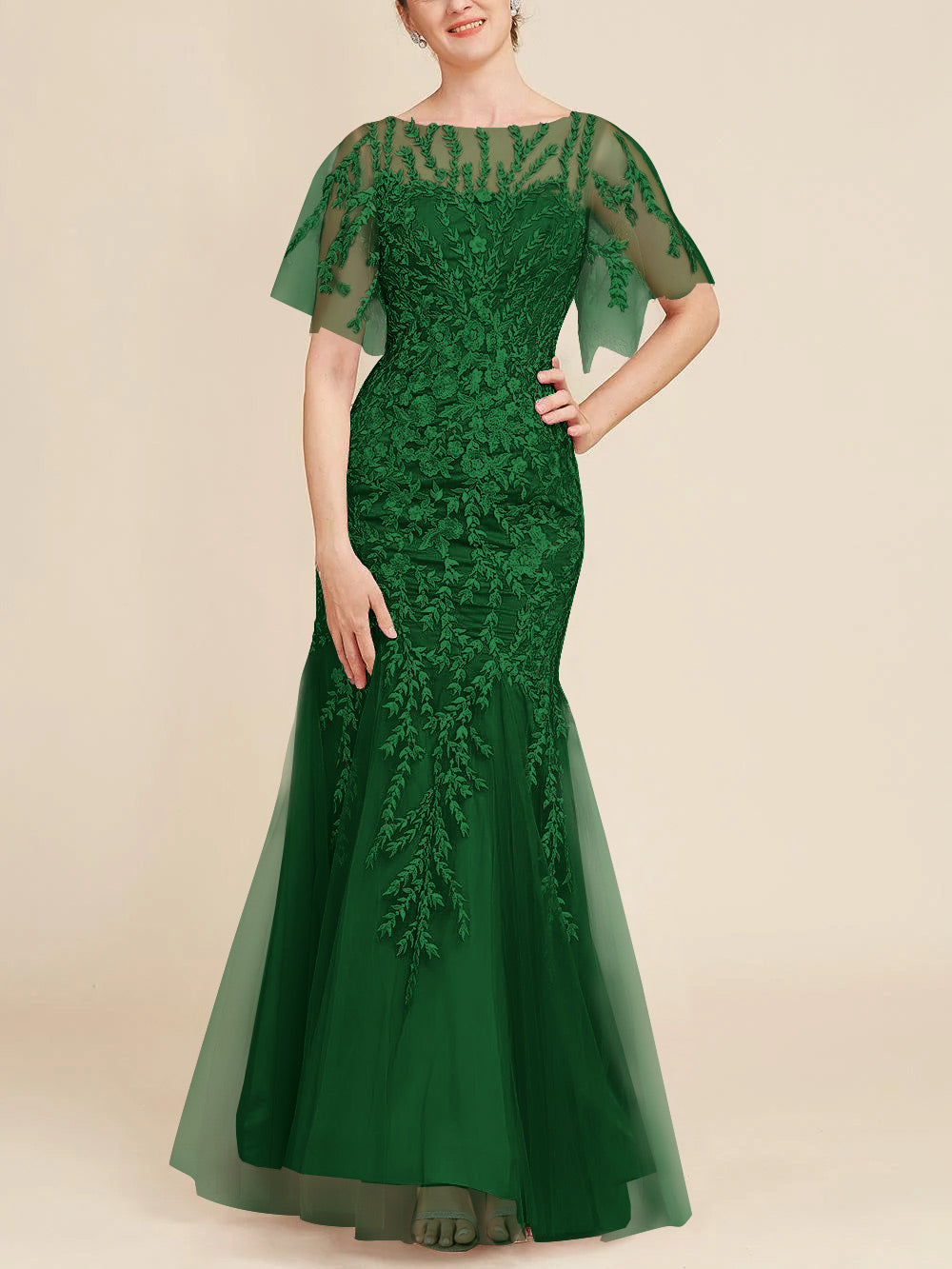 Long Mother of the Bride Lace Dress with Trumpet Mermaid Scoop Half Sleeves