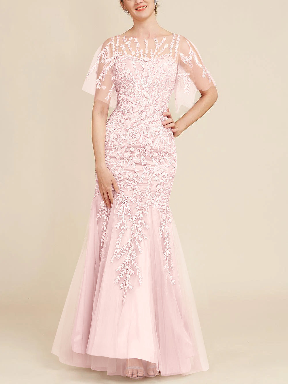 Long Mother of the Bride Lace Dress with Trumpet Mermaid Scoop Half Sleeves