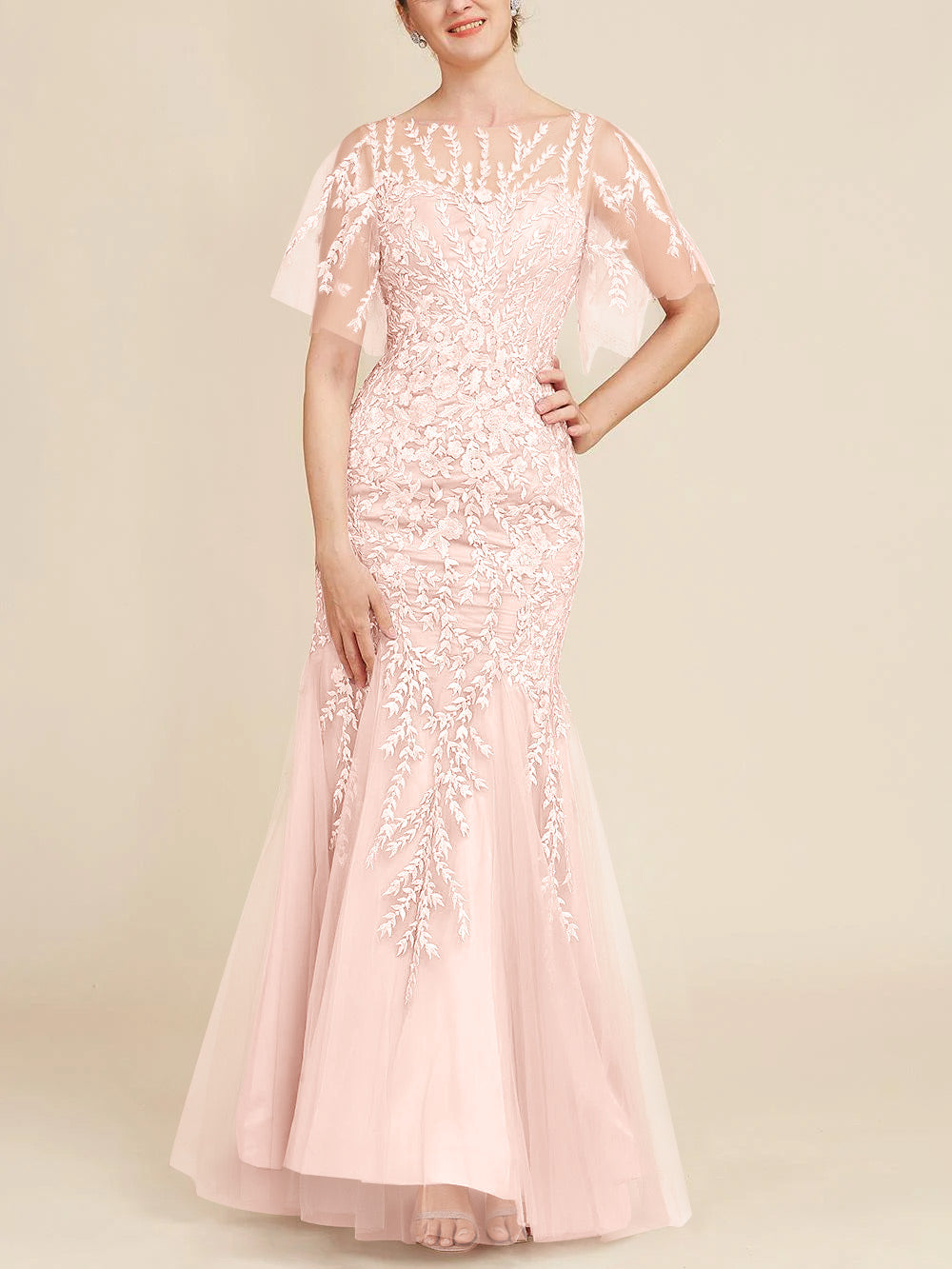 Long Mother of the Bride Lace Dress with Trumpet Mermaid Scoop Half Sleeves