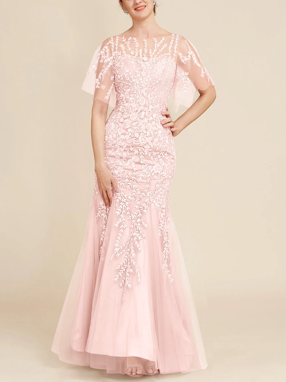 Long Mother of the Bride Lace Dress with Trumpet Mermaid Scoop Half Sleeves