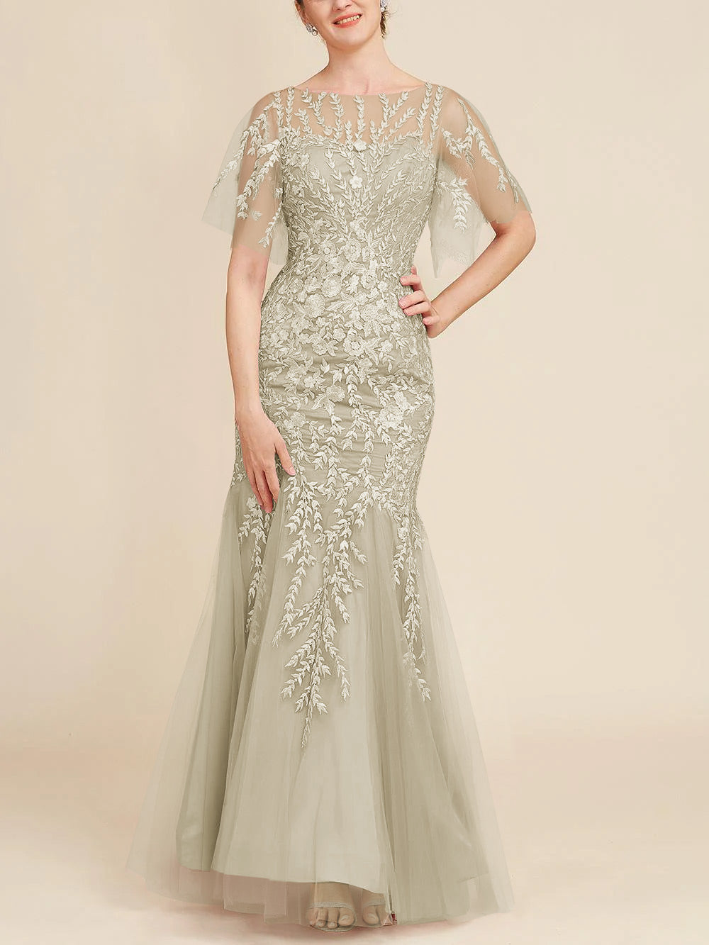 Long Mother of the Bride Lace Dress with Trumpet Mermaid Scoop Half Sleeves