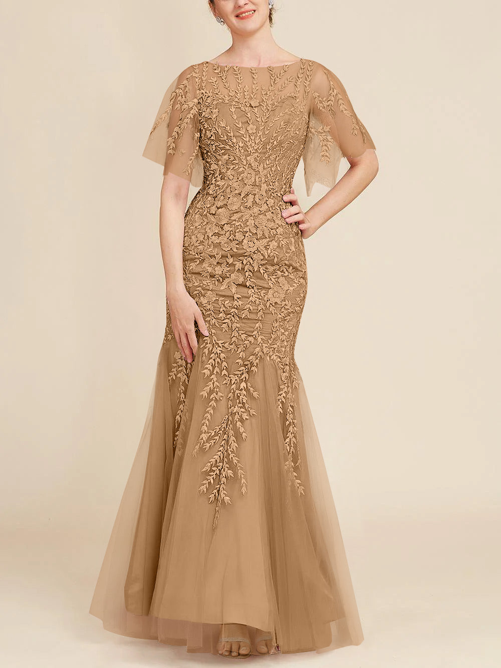 Long Mother of the Bride Lace Dress with Trumpet Mermaid Scoop Half Sleeves