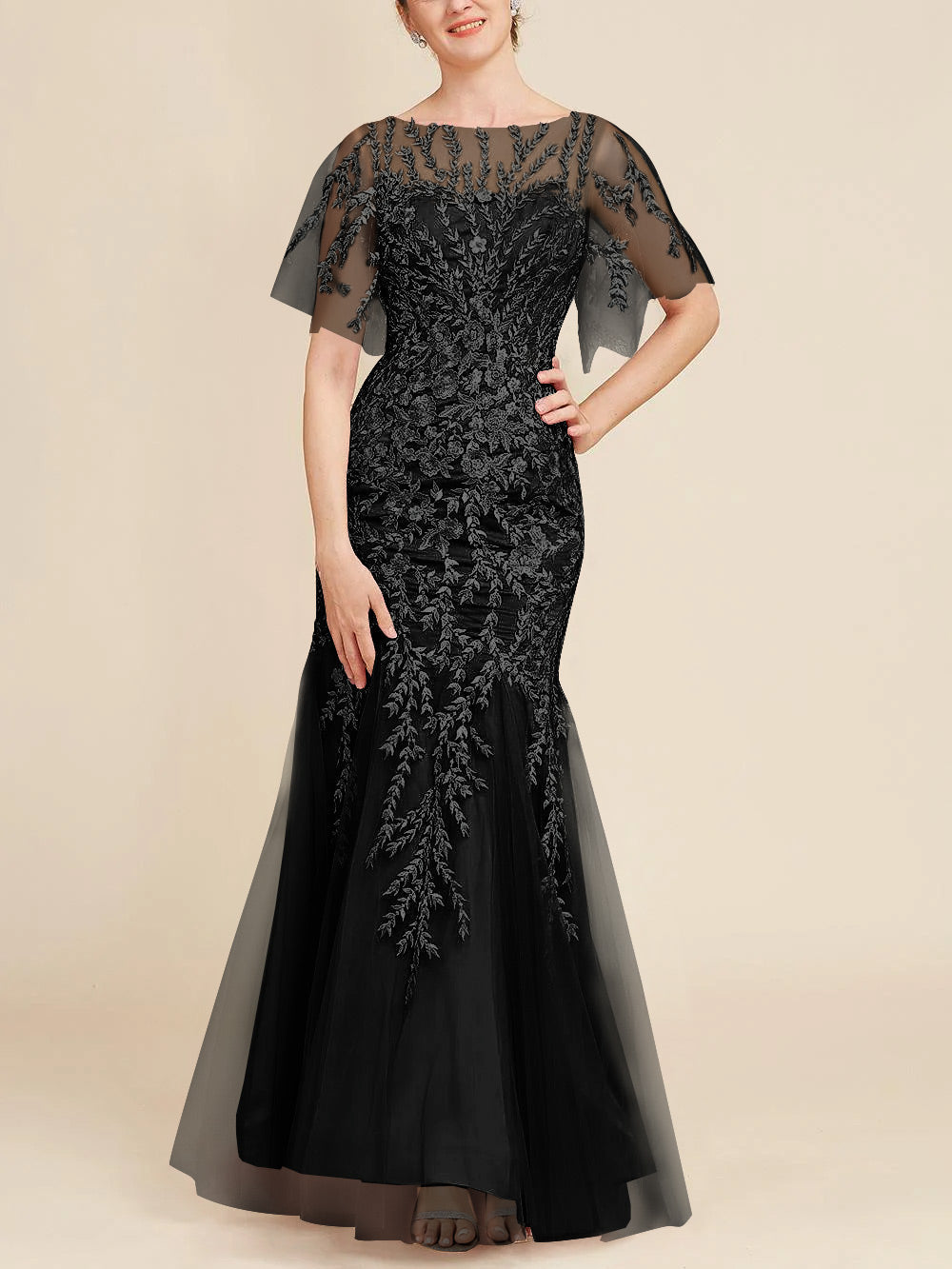 Long Mother of the Bride Lace Dress with Trumpet Mermaid Scoop Half Sleeves