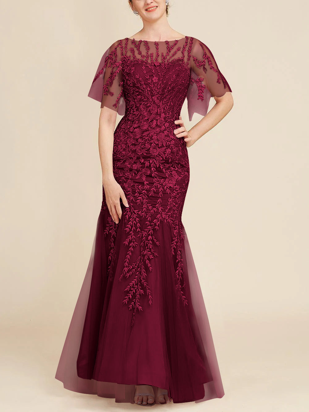 Long Mother of the Bride Lace Dress with Trumpet Mermaid Scoop Half Sleeves