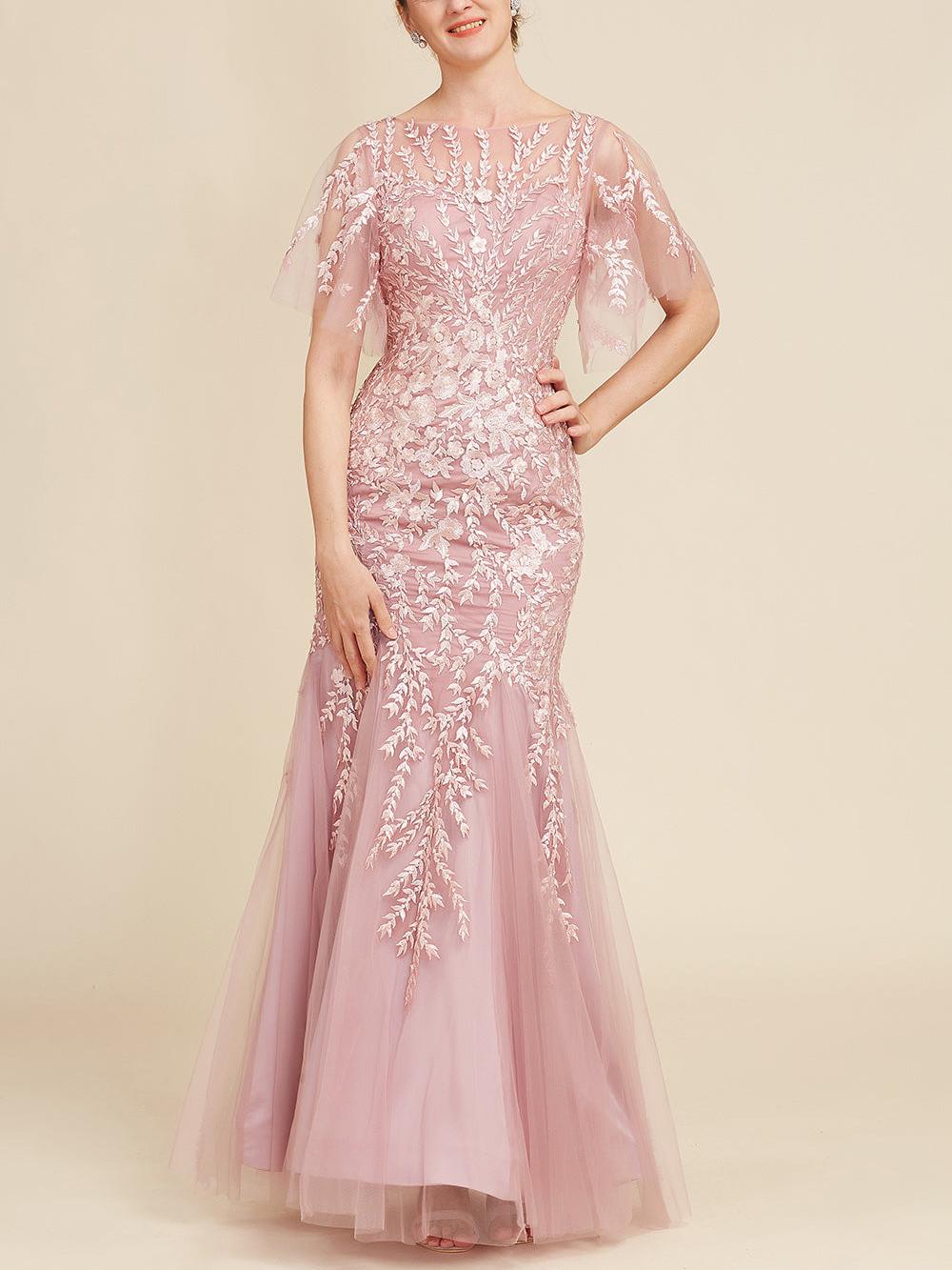Long Mother of the Bride Lace Dress with Trumpet Mermaid Scoop Half Sleeves