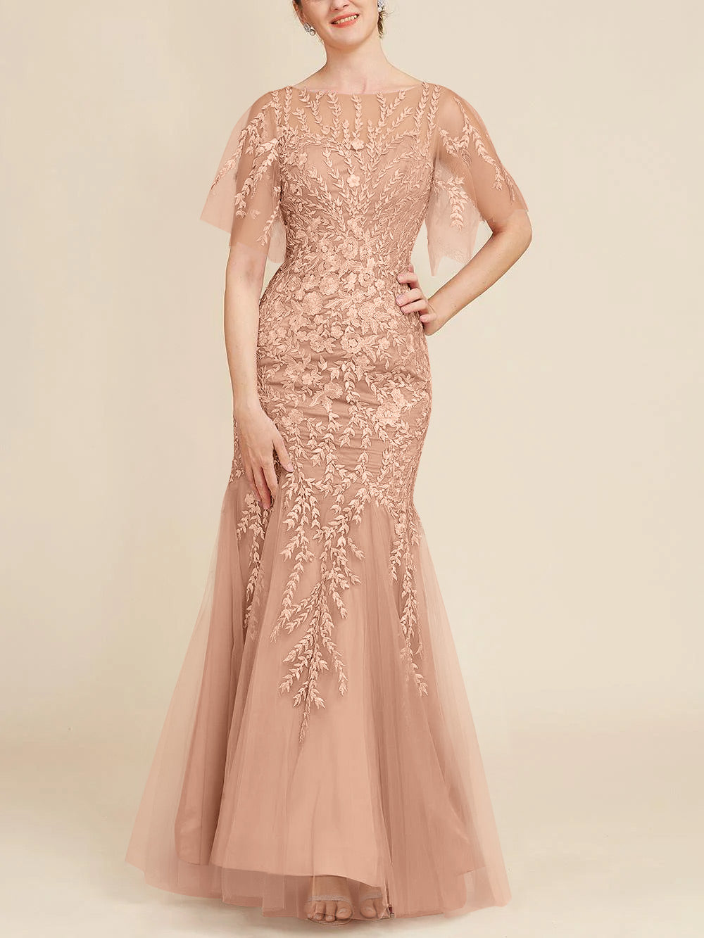 Long Mother of the Bride Lace Dress with Trumpet Mermaid Scoop Half Sleeves