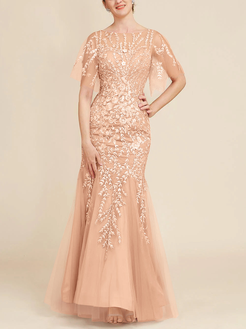 Long Mother of the Bride Lace Dress with Trumpet Mermaid Scoop Half Sleeves