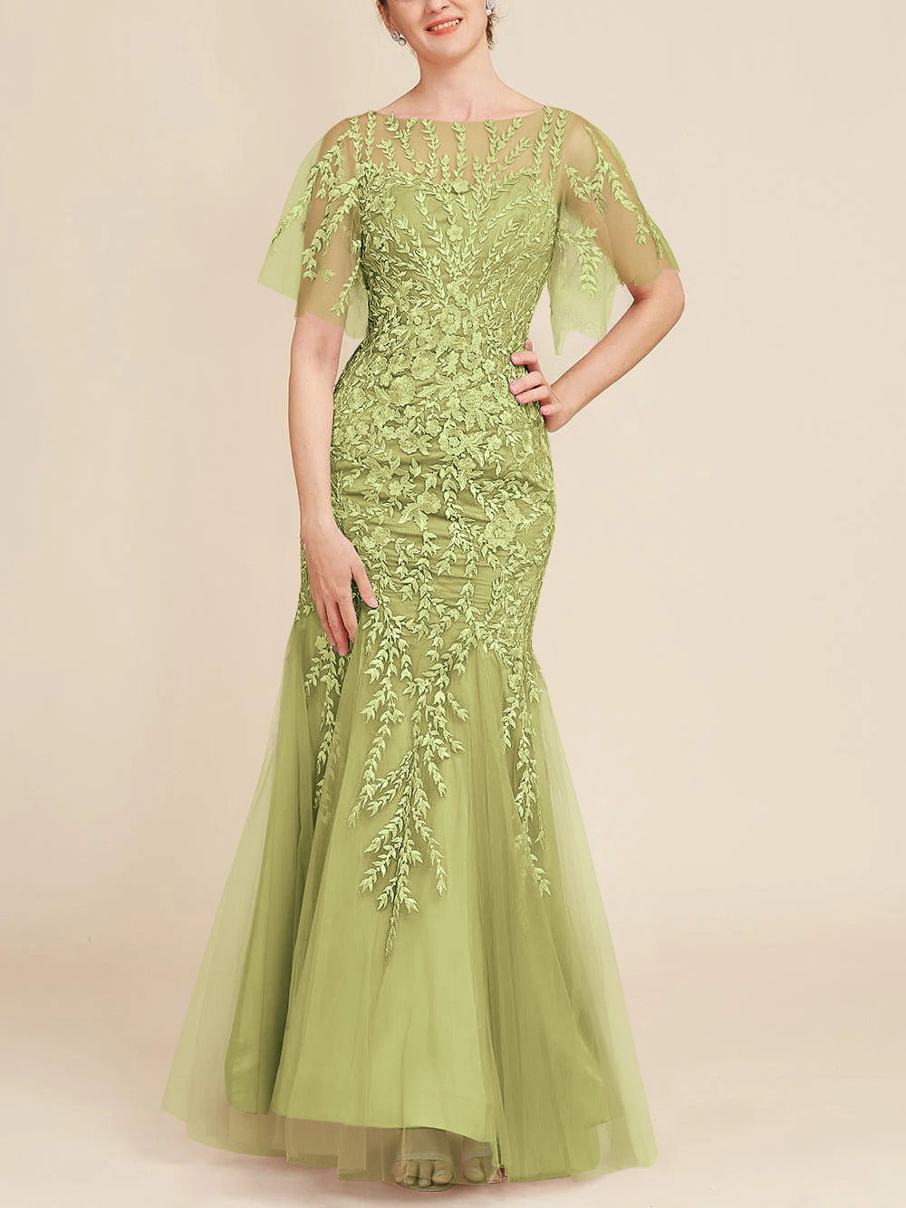 Long Mother of the Bride Lace Dress with Trumpet Mermaid Scoop Half Sleeves