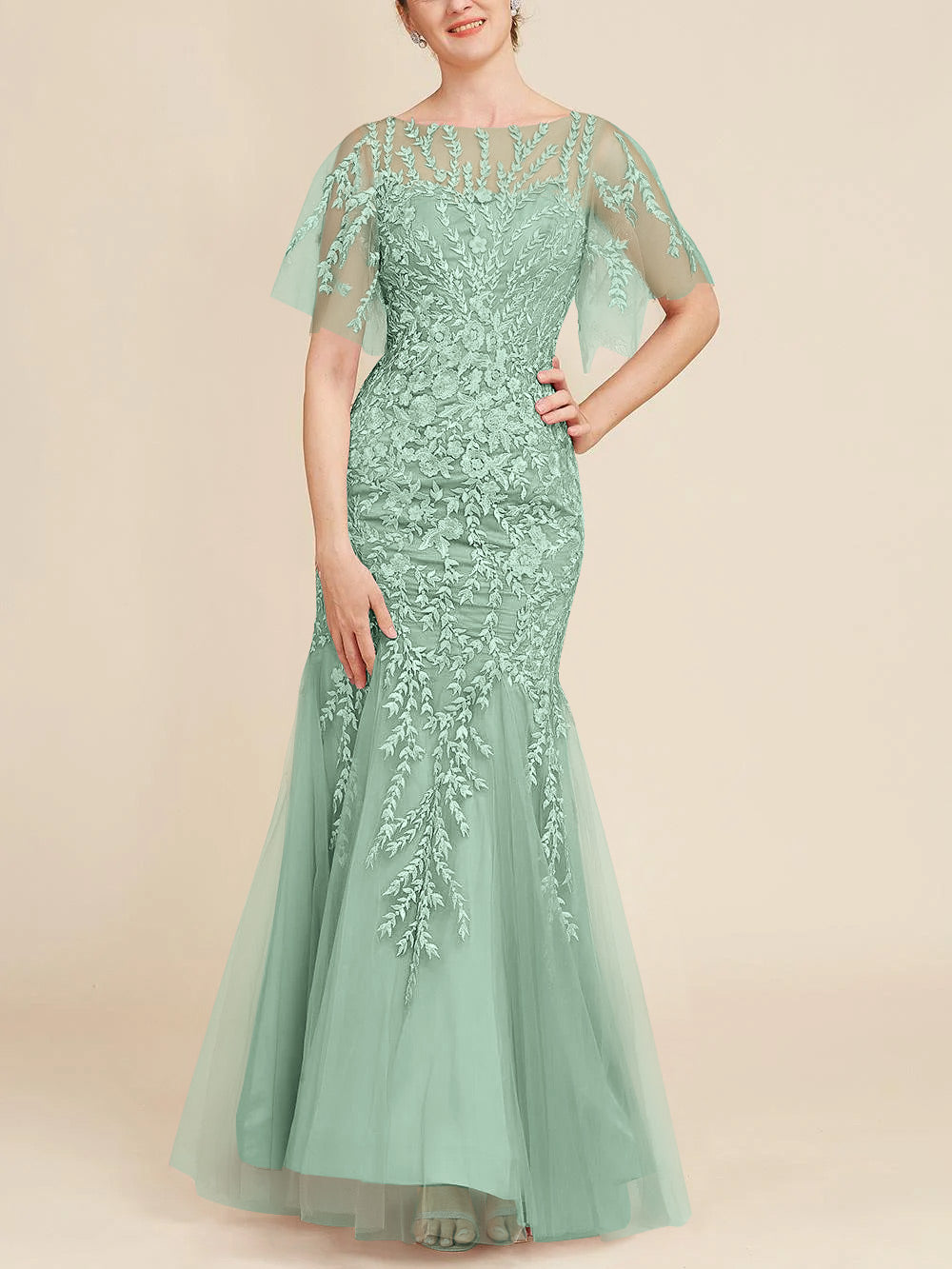 Long Mother of the Bride Lace Dress with Trumpet Mermaid Scoop Half Sleeves