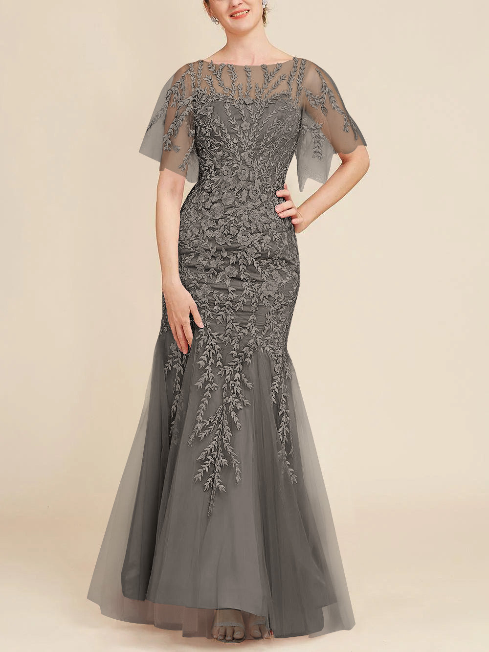 Long Mother of the Bride Lace Dress with Trumpet Mermaid Scoop Half Sleeves