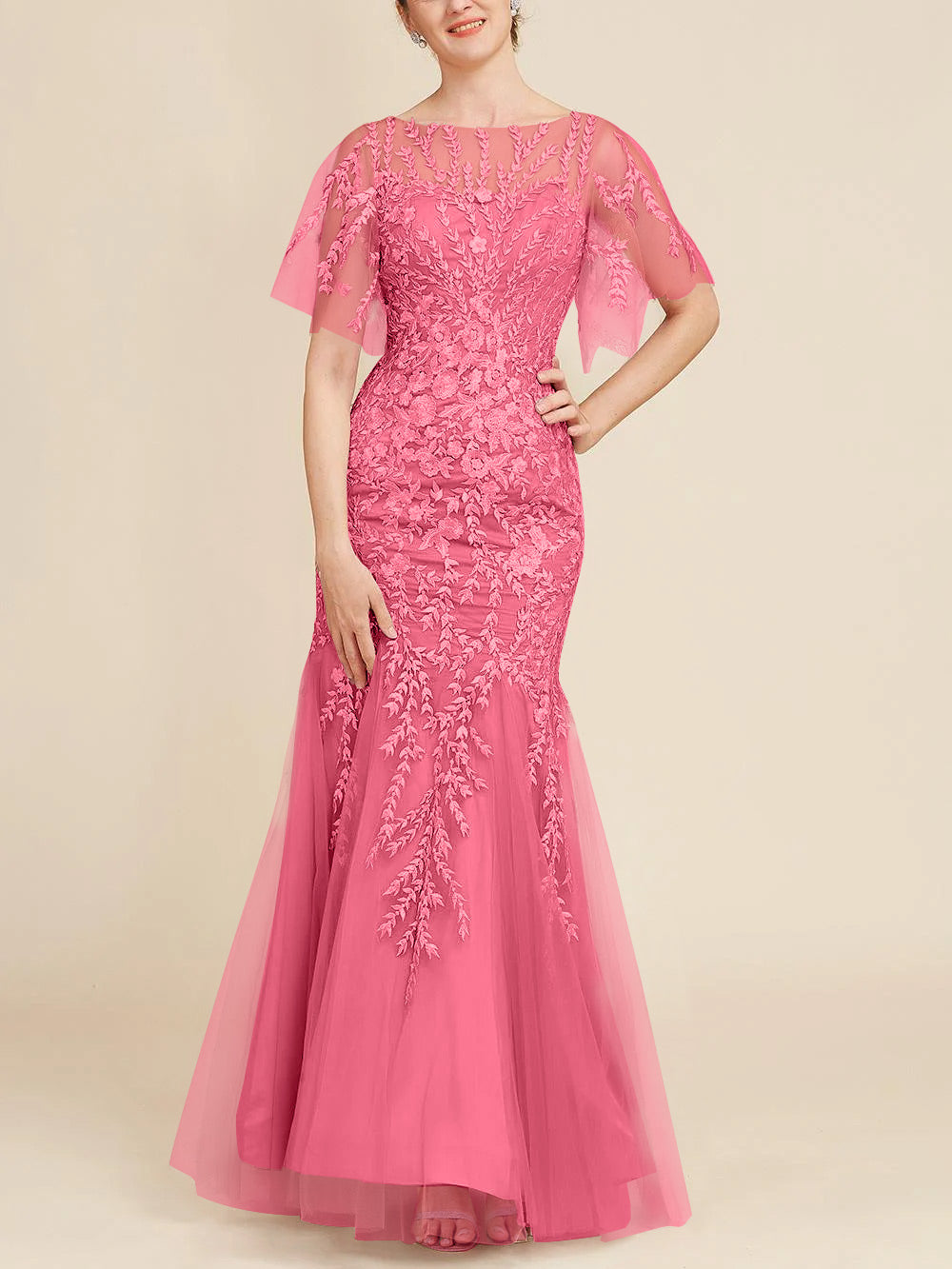 Long Mother of the Bride Lace Dress with Trumpet Mermaid Scoop Half Sleeves